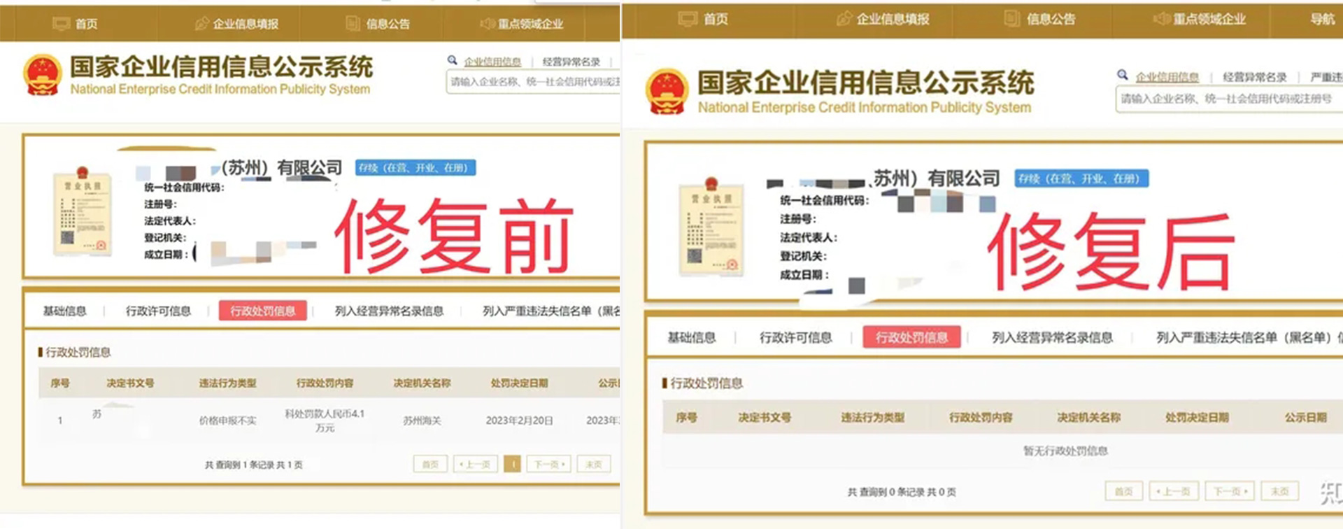 辽宁信用中国公示期内修复案例
